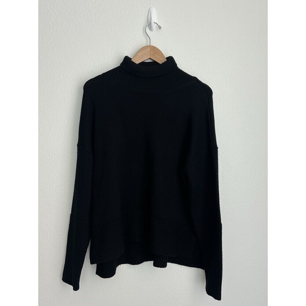 ICB New York Women Black Chunky Turtleneck Sweater Asymmetrical Hem 100% Wool XS